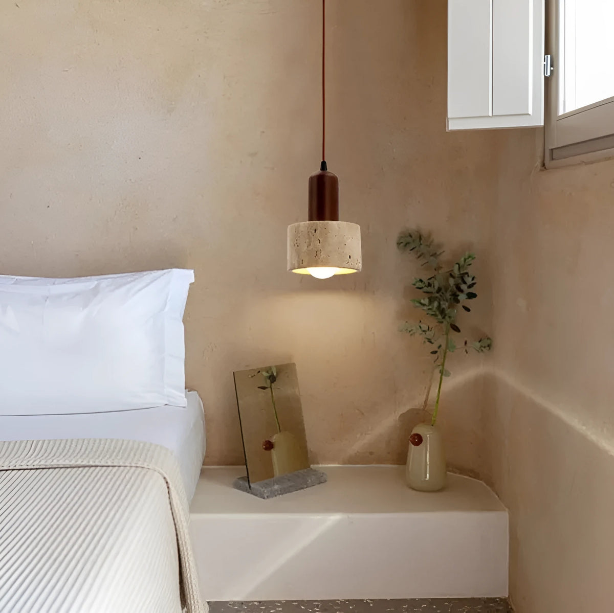 Cream style wabi sabi yellow cave stone pendant light with iron body and marble shade hanging from ceiling