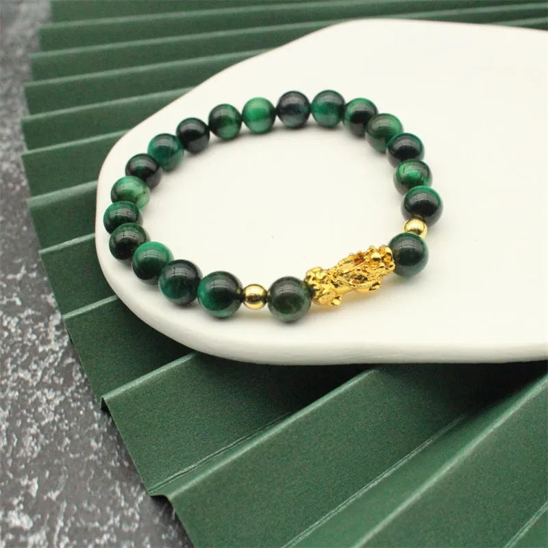 Natural agate tigereye Pi Xiu bracelet, unisex beaded design with electroplated alloy, six colour options