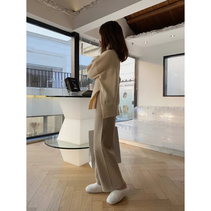 Women's high waist wide-leg knitted trousers in straight-leg design for autumn winter wear