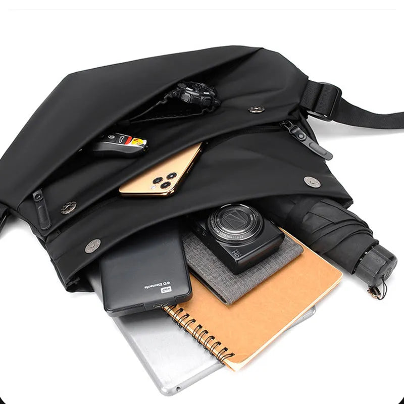 Grey and black PU leather crossbody bag for men with motorcycle sling design and internal organisers