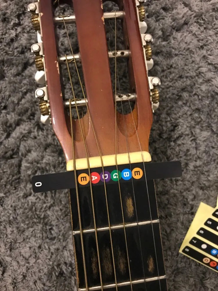 Guitar fretboard sticker with note labels for 6-string acoustic or electric guitar in black finish