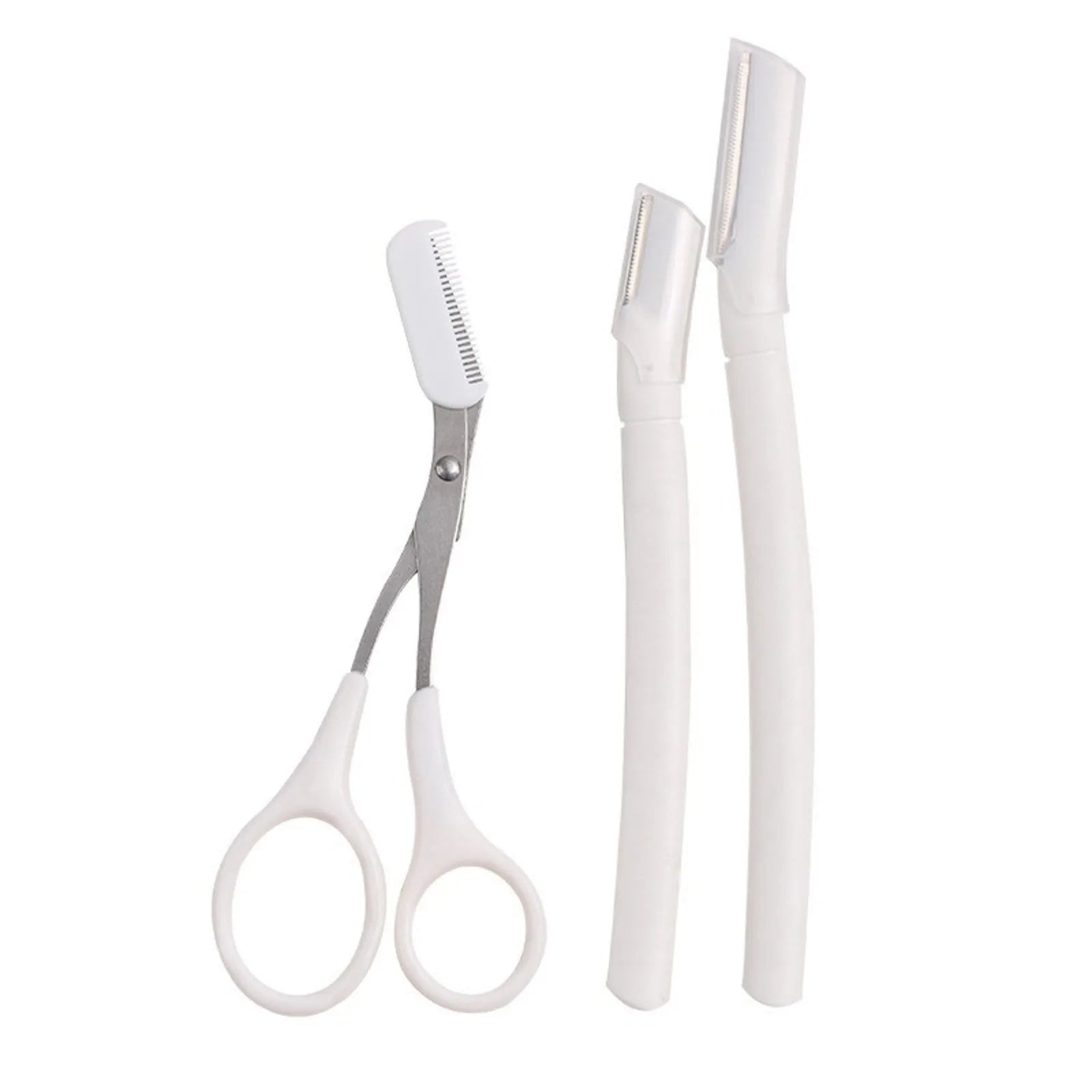 Eyebrow trimming tool set with safety guard and protective blade cover for home grooming