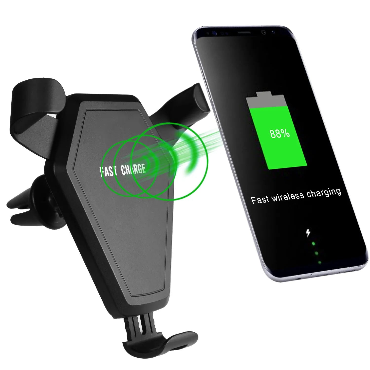 Black car wireless charger magic array with Micro USB input on a car dashboard