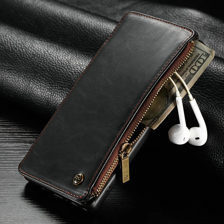 Black PU leather flip phone case for SAMSUNG Note9 showing front and back views