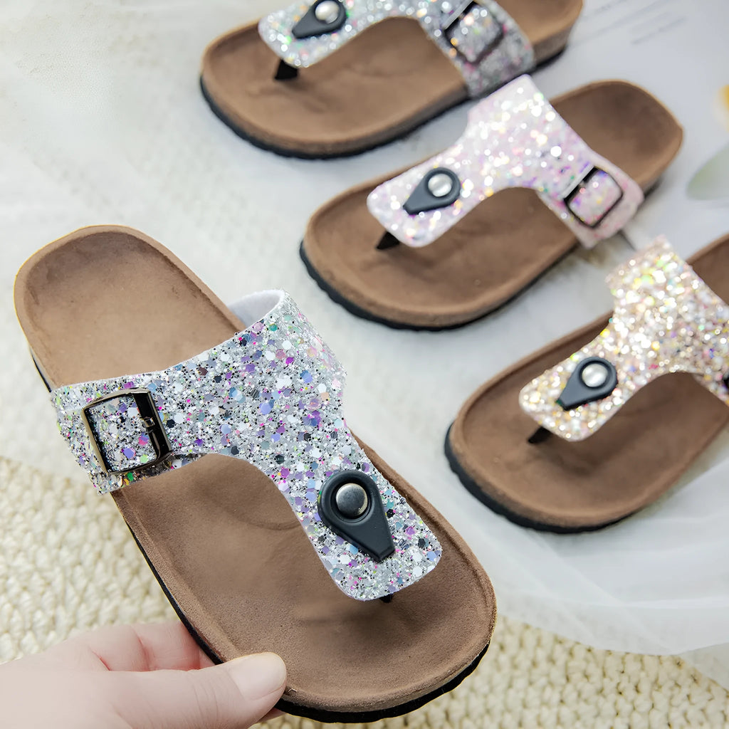 Cork flip-flops couples shoes in pink, silver, or gold with PVC soles and hollow-out design