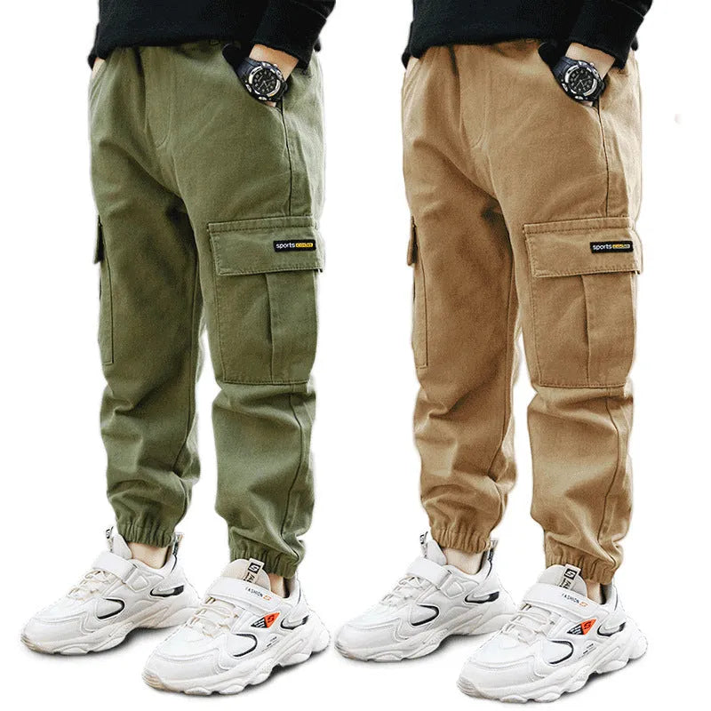 Boys' army green cotton casual trousers with long length, shown on a size chart