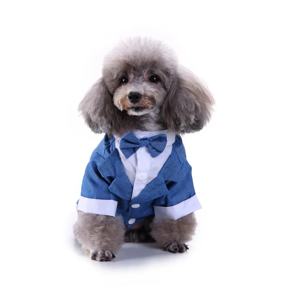 Polyester England style pet dog suit in Black tie, Blue bow tie, Striped dovetail, Striped suit, or White tie, sizes S to XL