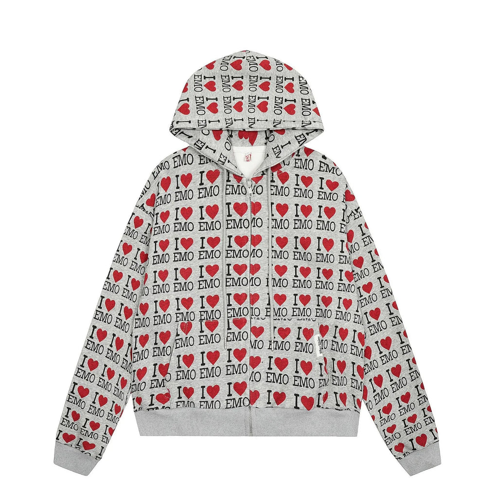 Women's melange grey cotton hooded cardigan with a retro autumn pattern and long sleeves.