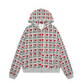 Women's melange grey cotton hooded cardigan with a retro autumn pattern and long sleeves.