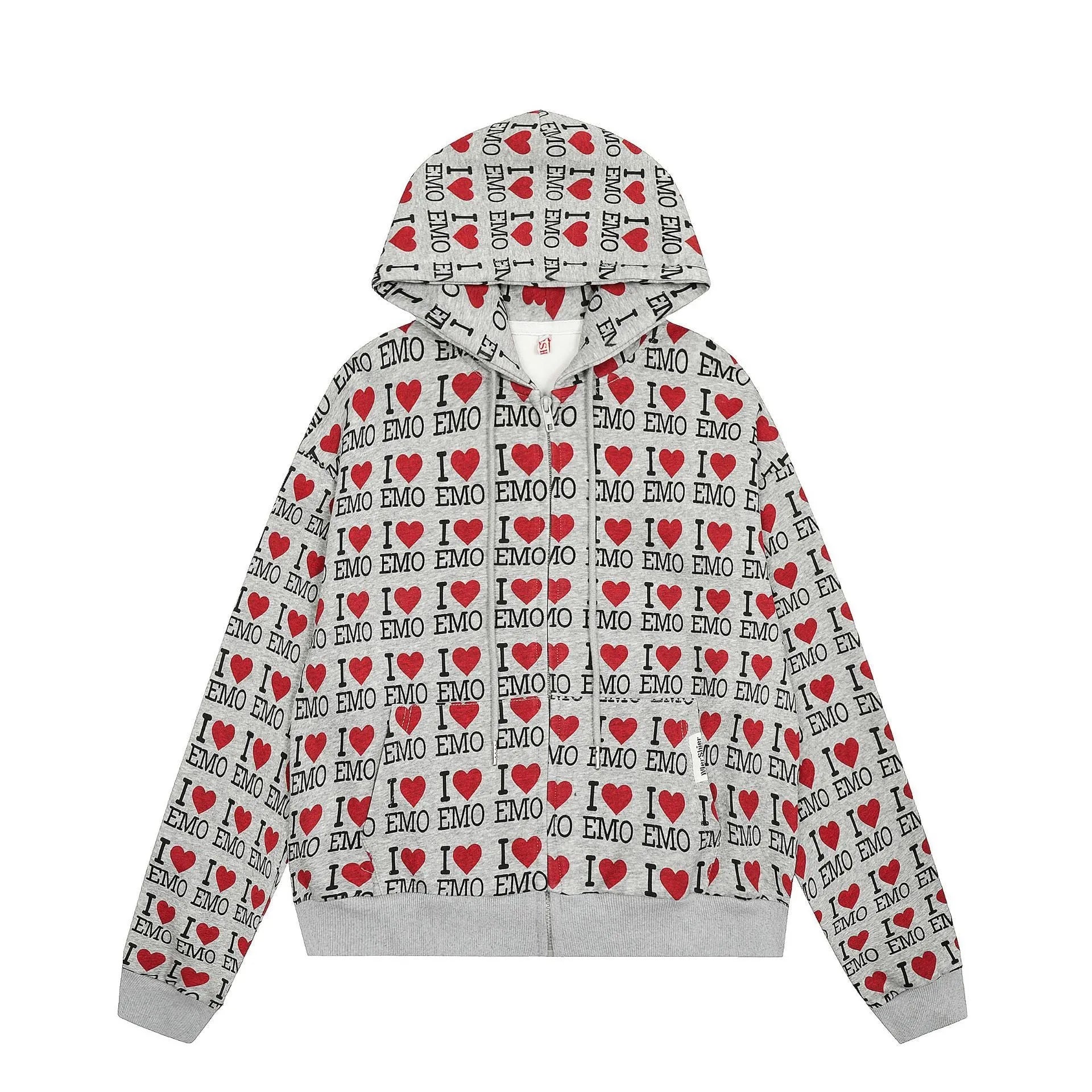 Women's melange grey cotton hooded cardigan with a retro autumn pattern and long sleeves.