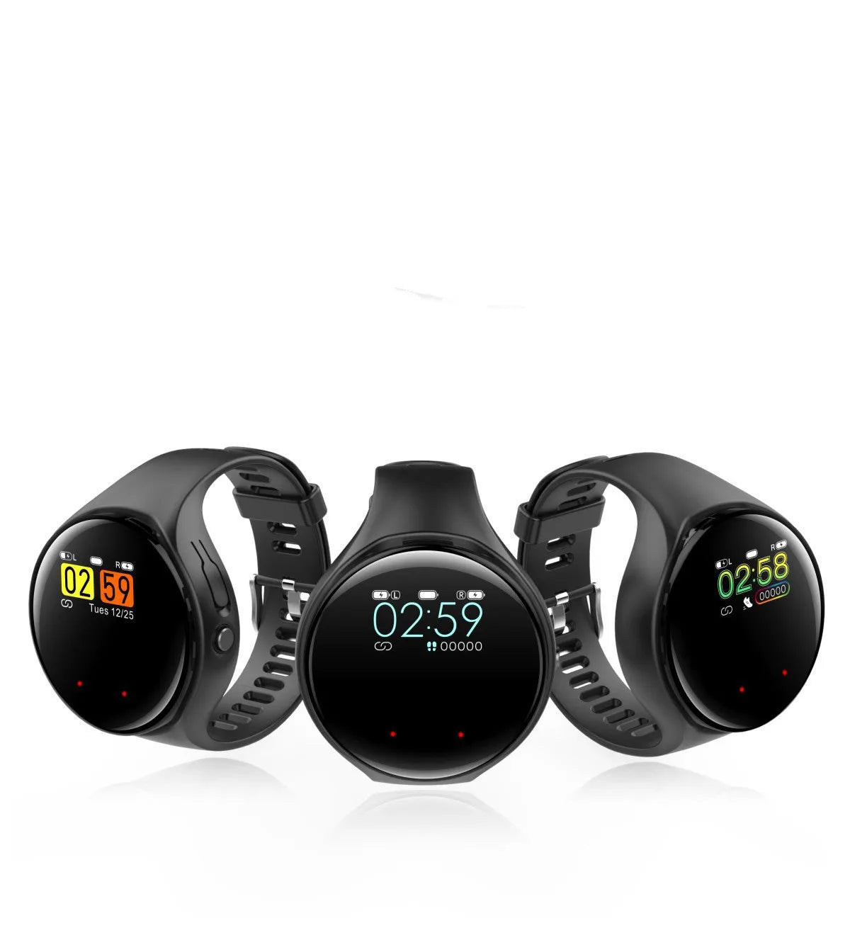 Black smart bracelet with detachable wireless earphones showing colour screen display