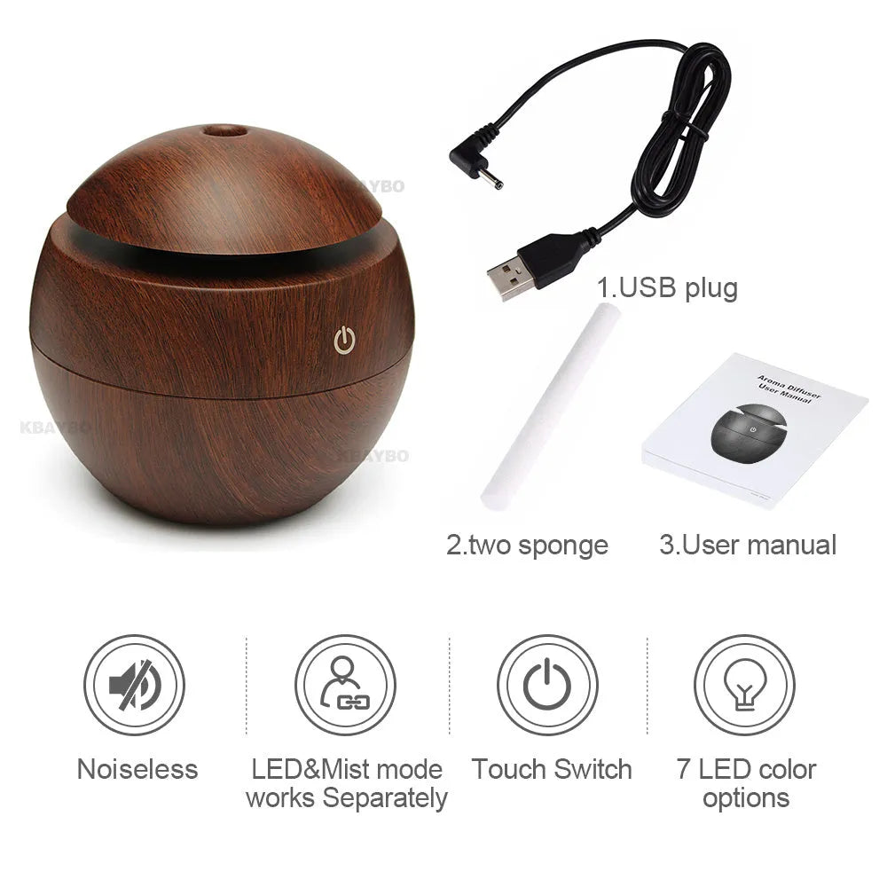 USB ultrasonic essential oil diffuser humidifier with 7 colour LED night light, light wood finish, 95x100mm