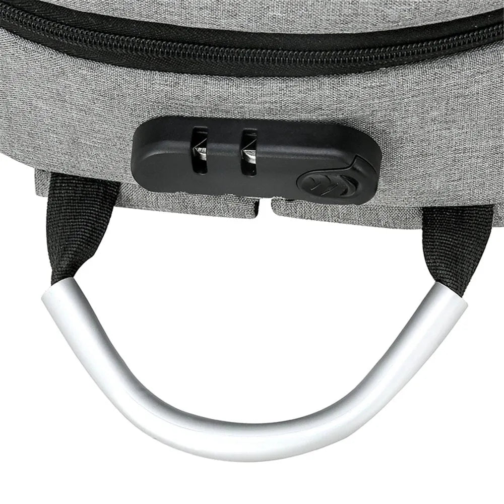 USB charge anti theft backpack in black polyester with zipper closure, 43x26x13cm, fits MacBook Air and iPad