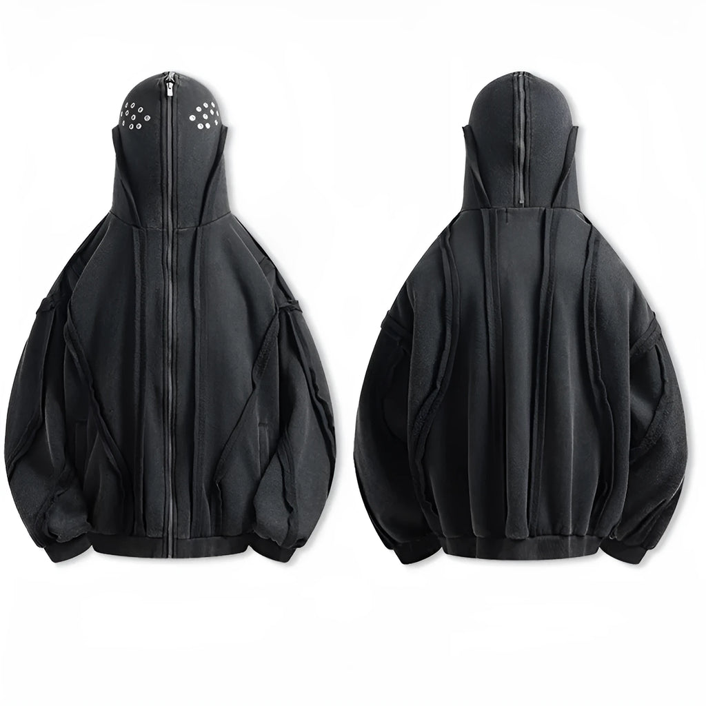 Black retro loose-fit cotton coat with a zip front, hood, and abstract pattern