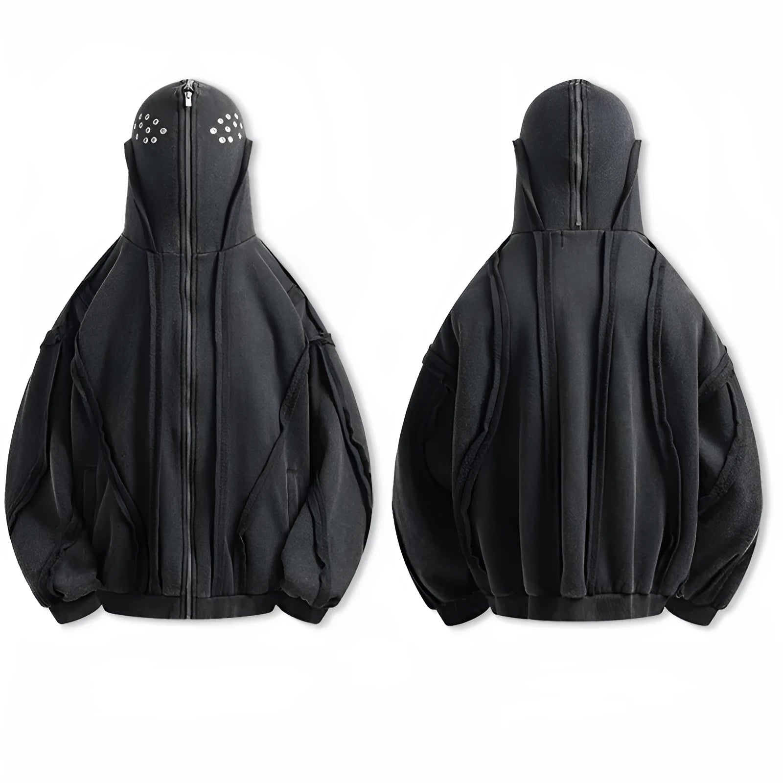 Black retro loose-fit cotton coat with a zip front, hood, and abstract pattern