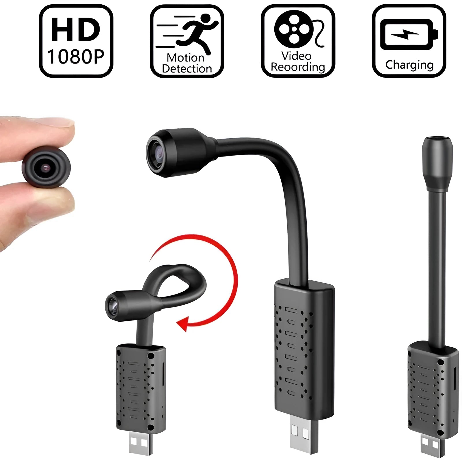 Black V380 wireless USB HD security camera, 158mm long, shown next to a microSD card and USB cable.