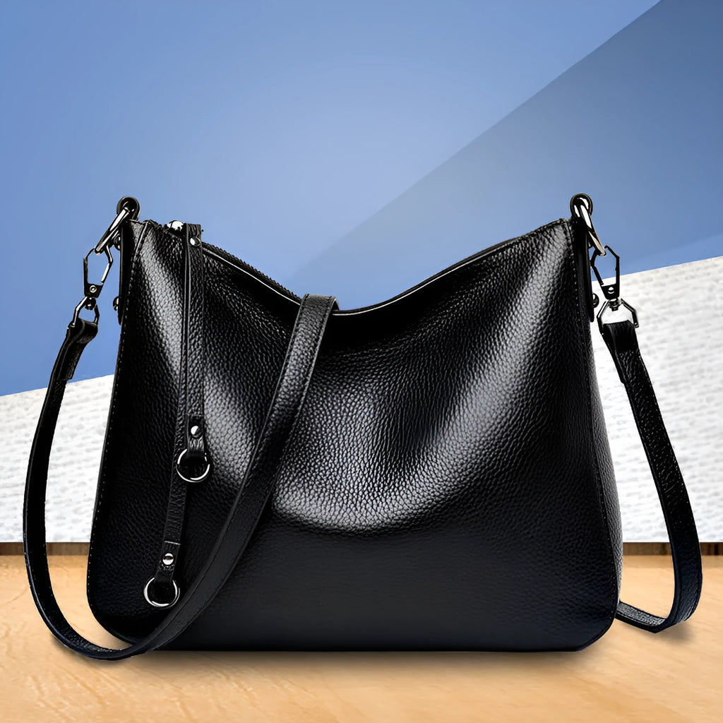Large capacity genuine cowhide leather tote bag for women, horizontal square shape, double shoulder straps, black colour option