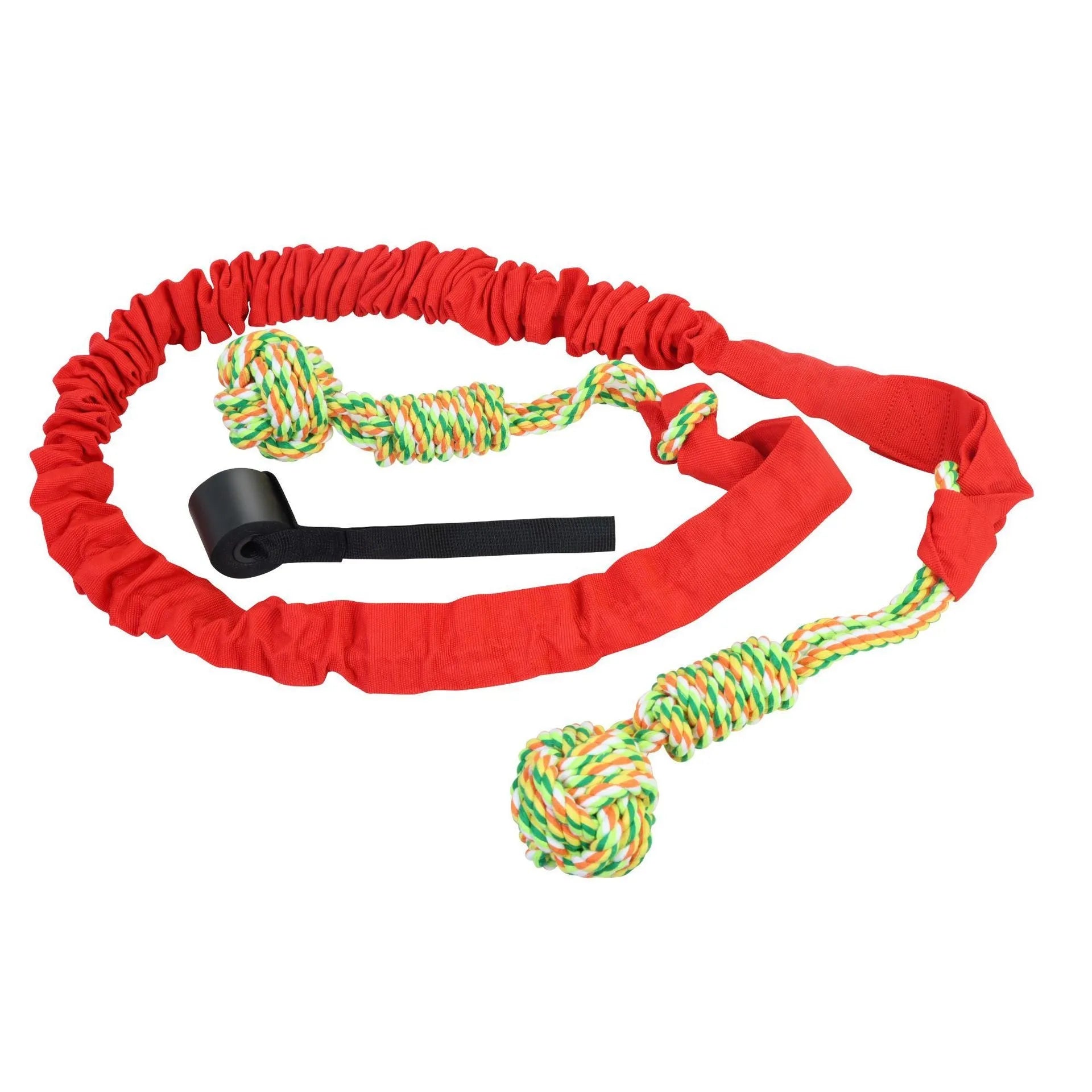 A woven cotton rope dog toy for tug of war and chewing, shown in black, grey, and red.