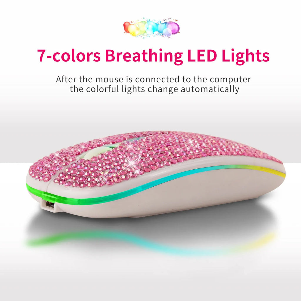 Office rechargeable mute crystal rhinestone mouse with USB receiver, pink colour, 113x60x20mm size