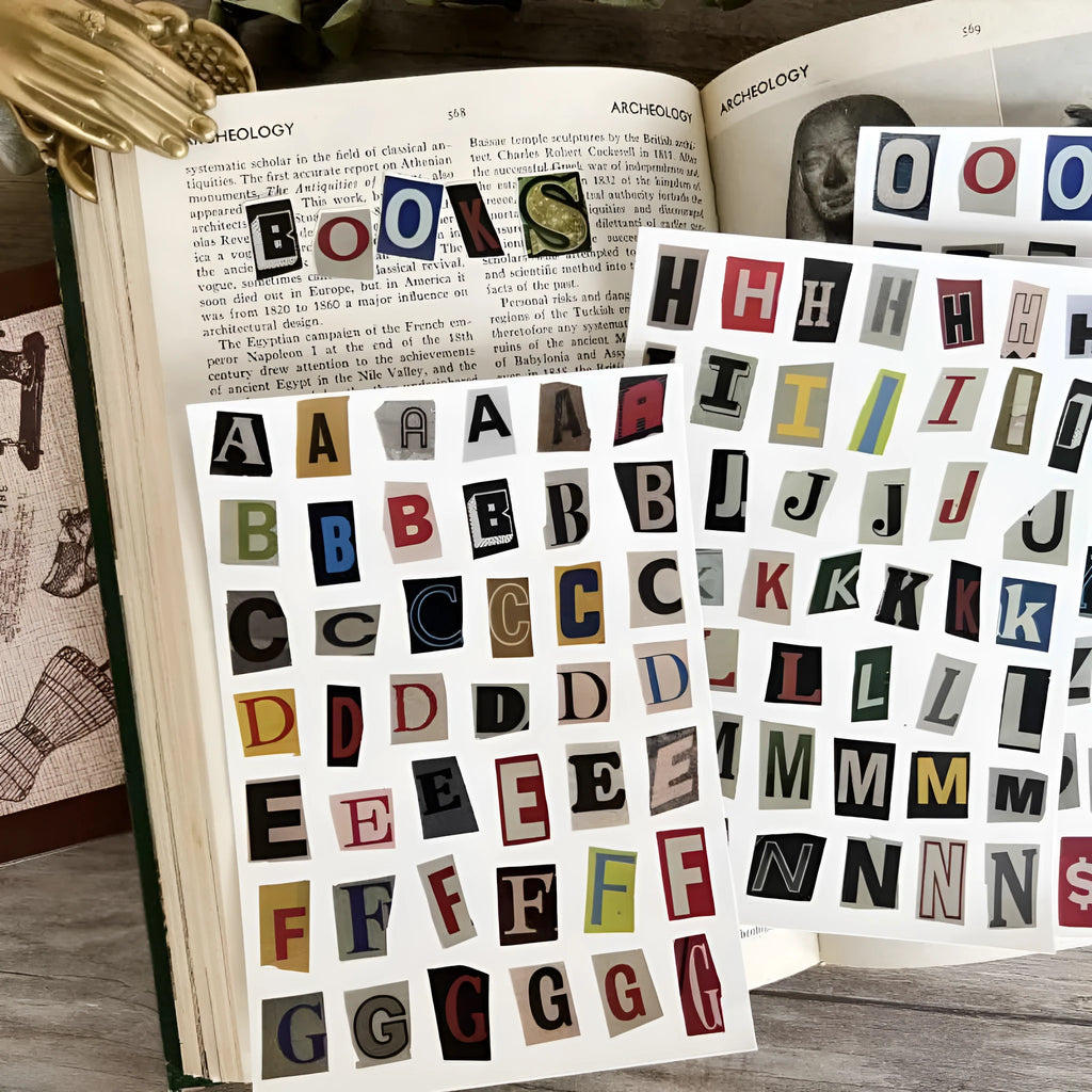 Set of printed English letter and weekly word decoration stickers in a cute style for crafts.