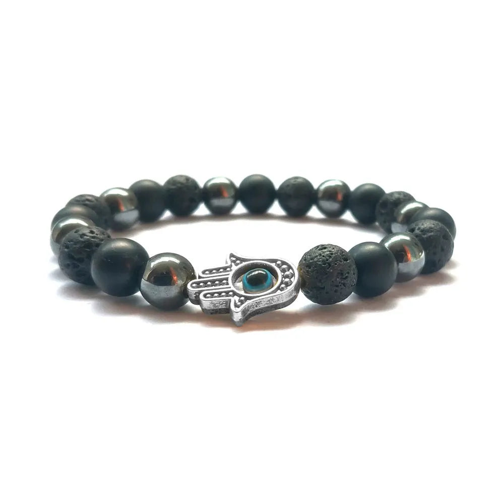 Handmade beaded bracelet with 8mm stone and alloy beads, 18cm-19cm circumference, in silver, blue, white, black, gold or sliver