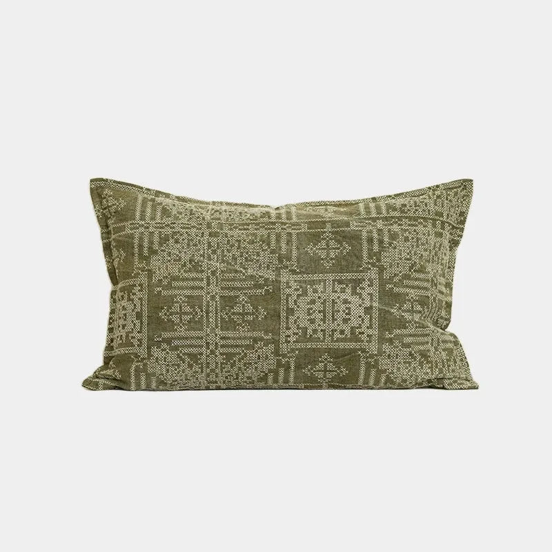 Ethnic style green natural pillowcase with feather fabric pillow core, 50x50cm, on a neutral background