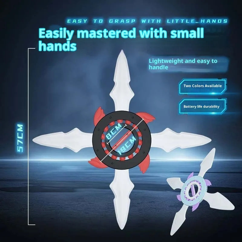 Light-up rotating shuriken toy in Cool Black or Maca Blue, supplied in a mail order box