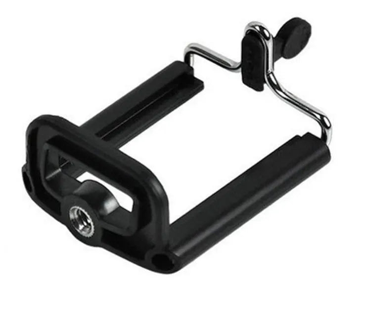 Mini flexible aluminium desktop tripod with ball head extended, alongside a universal U-shaped black phone clip.