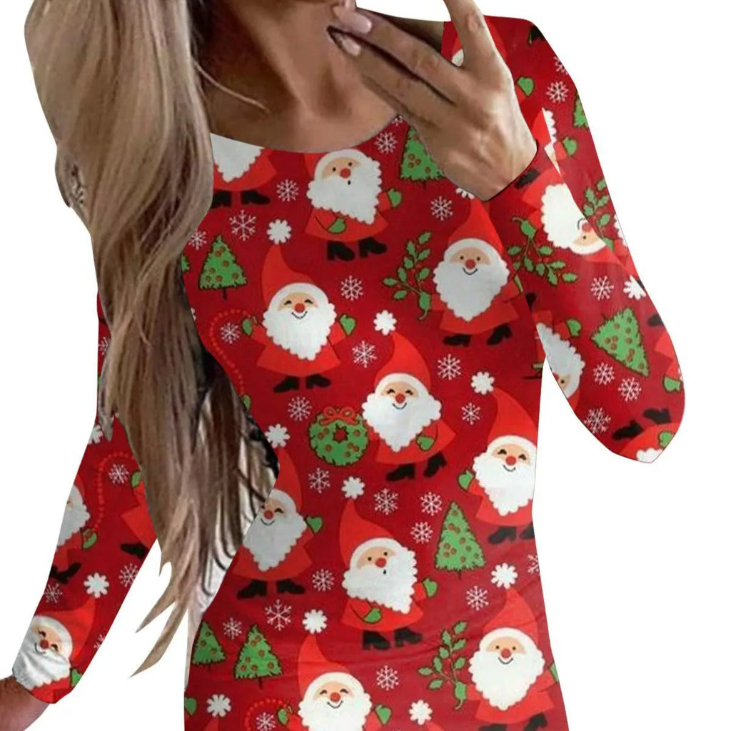 Red Christmas printed dress with floral pattern, round neck, long sleeves, tight fit and short hip skirt.