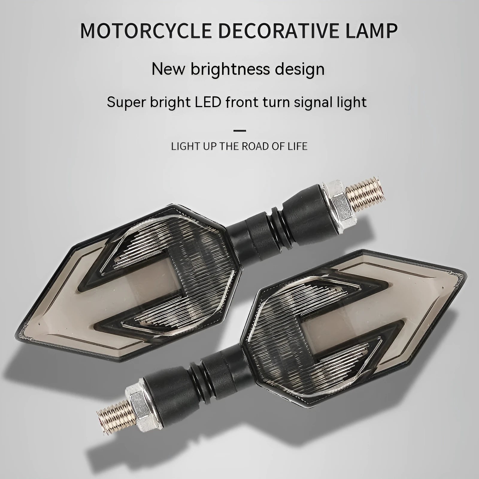 Arrow-shaped LED motorcycle turn signal lamp in ABS plastic housing for 12v universal vehicle fit.