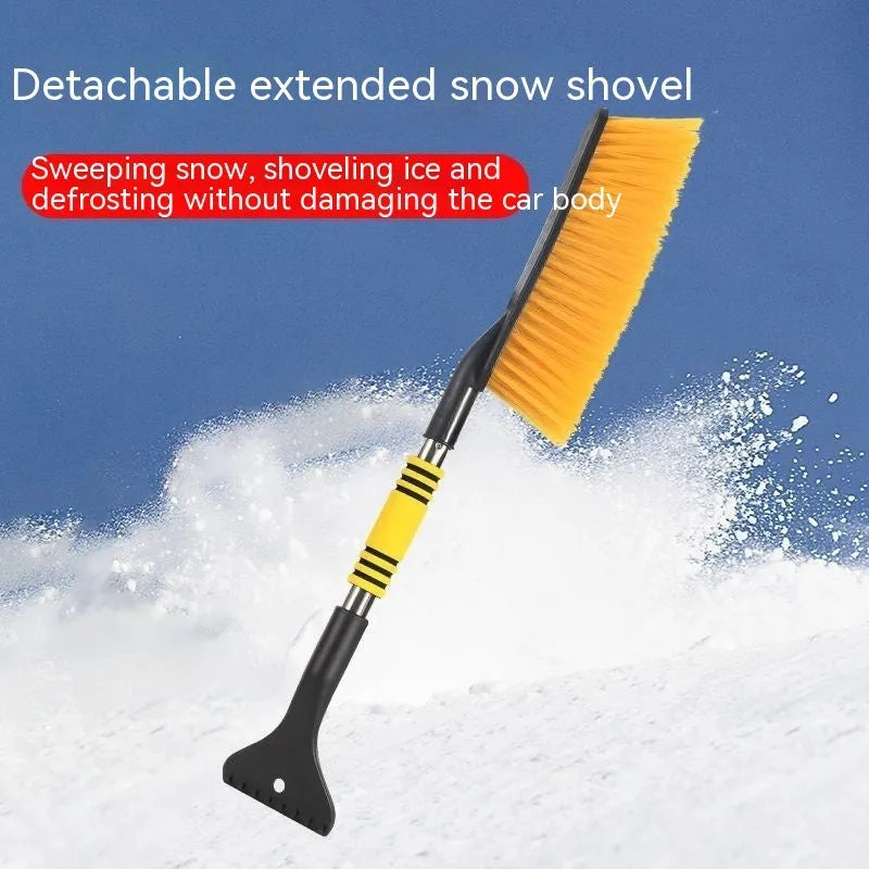 Yellow and blue telescopic car snow brush and ice scraper with a long plastic handle.