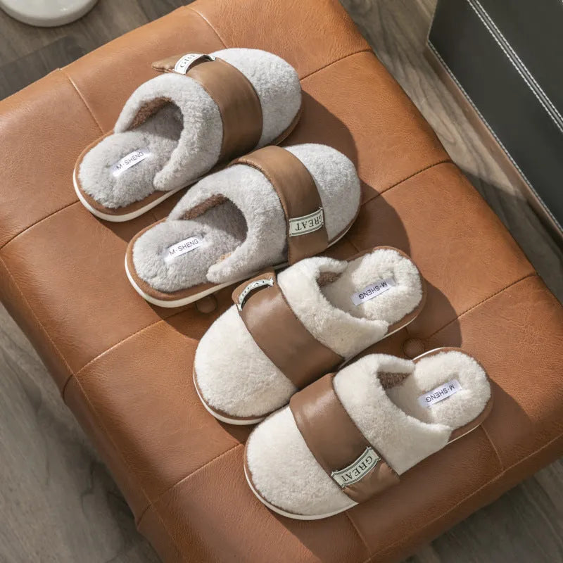 Women's beige plush floor slippers with round toe, flanging detail, and textured plastic sole.