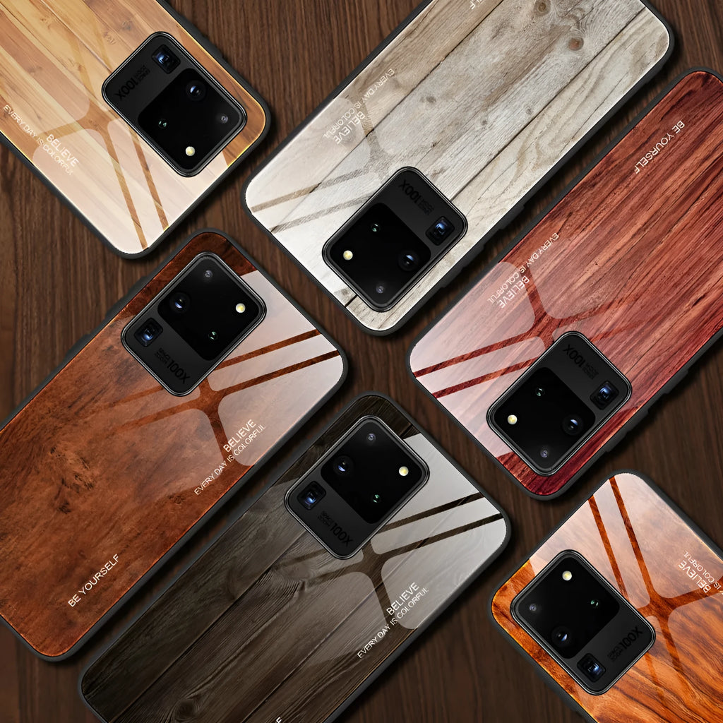 Wood grain tempered glass phone case back cover for Samsung Galaxy models with six colour options