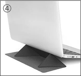 Blue foldable laptop cooling stand with non-slip surface shown open and closed, next to a 15-inch notebook.