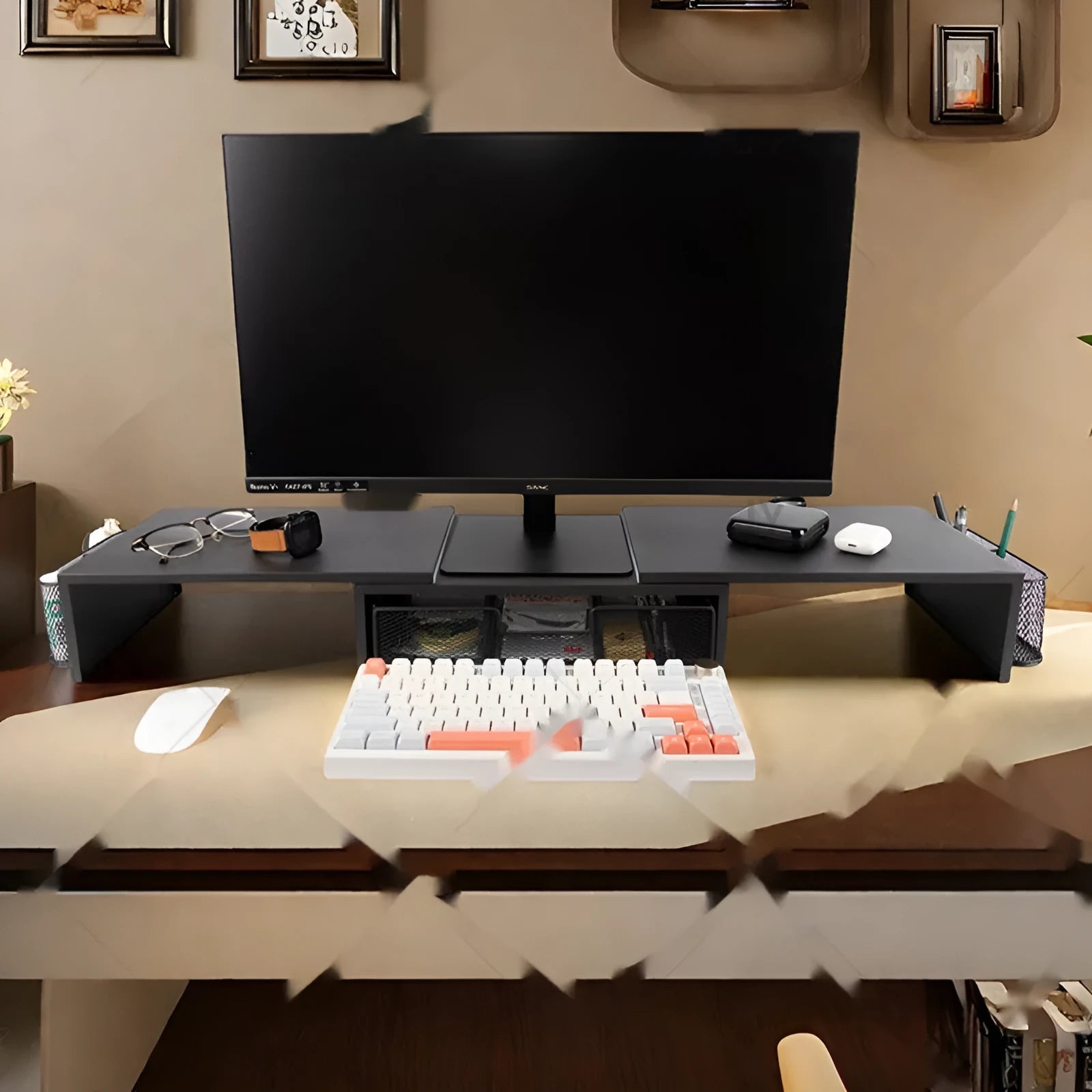 Double-station desktop monitor elevated rack in black, pink, or wooden colours