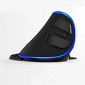 Vertical ergonomic wired mouse with RGB lighting, USB cable, and five DPI settings, shown in one of three styles.