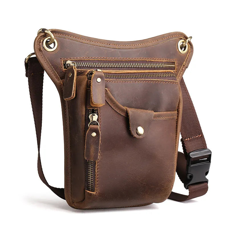 Men's vintage-style leather satchel bag in crazy horse leather showing colour options.