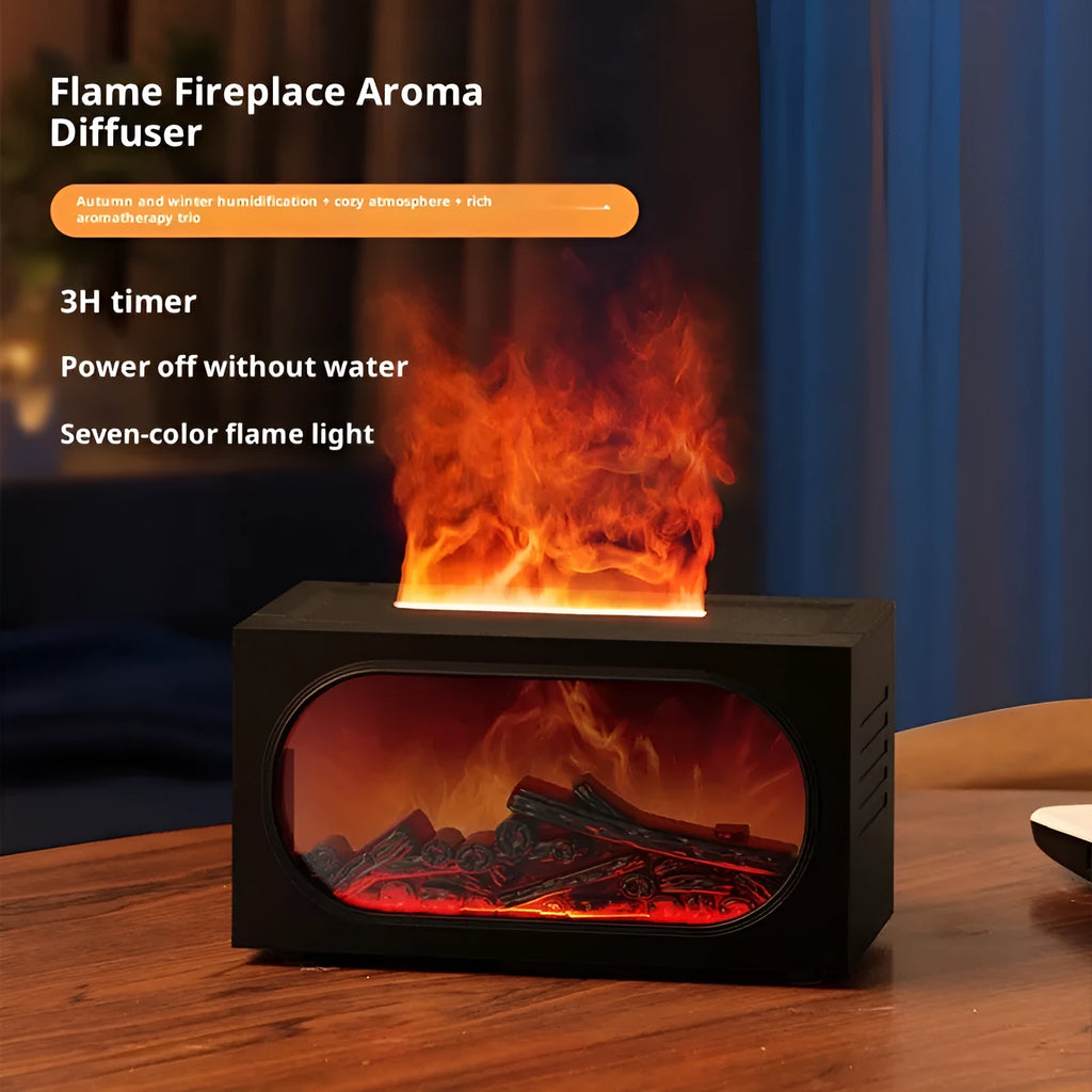 Black desktop fireplace aroma diffuser with colourful simulation flame, showing water tank and controls