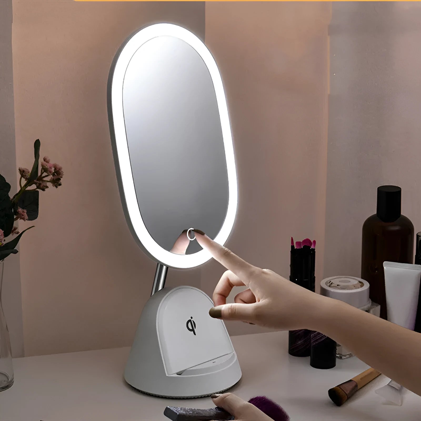 White desktop makeup mirror with integrated lighting standing 43.9cm tall on table surface