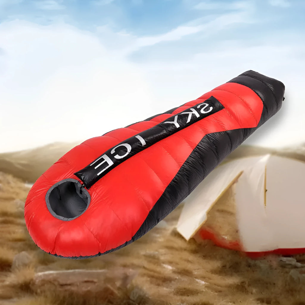 Lightweight goose down sleeping bag in mummy style, 20D nylon shell, Black Red colour, on a camping trip