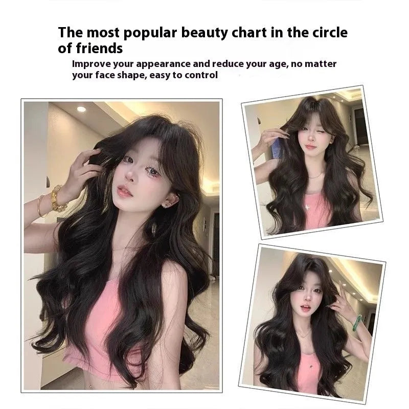 Seamless ultra-thin breathable 65cm big wave natural black wig for ladies, high-temperature fiber hair replacement
