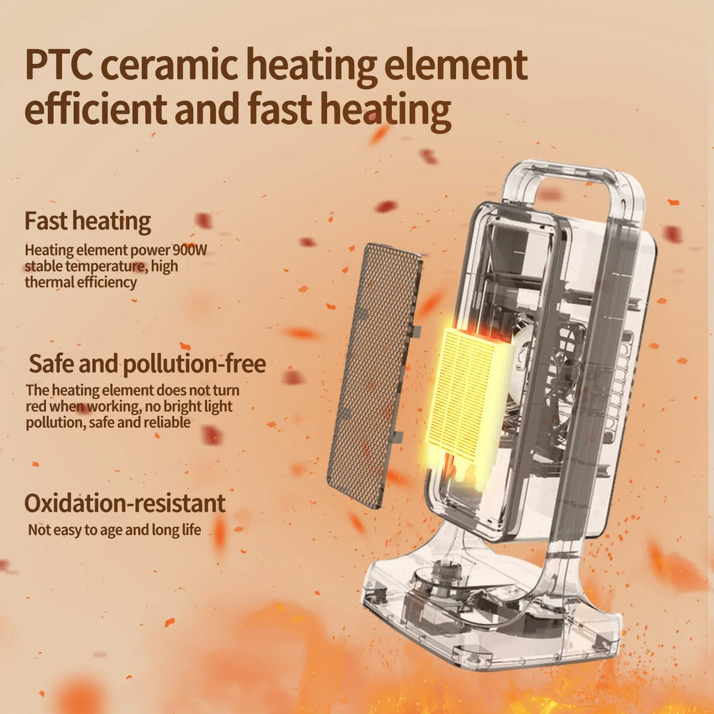 Black portable PTC ceramic desktop fan heater on a wooden desk.