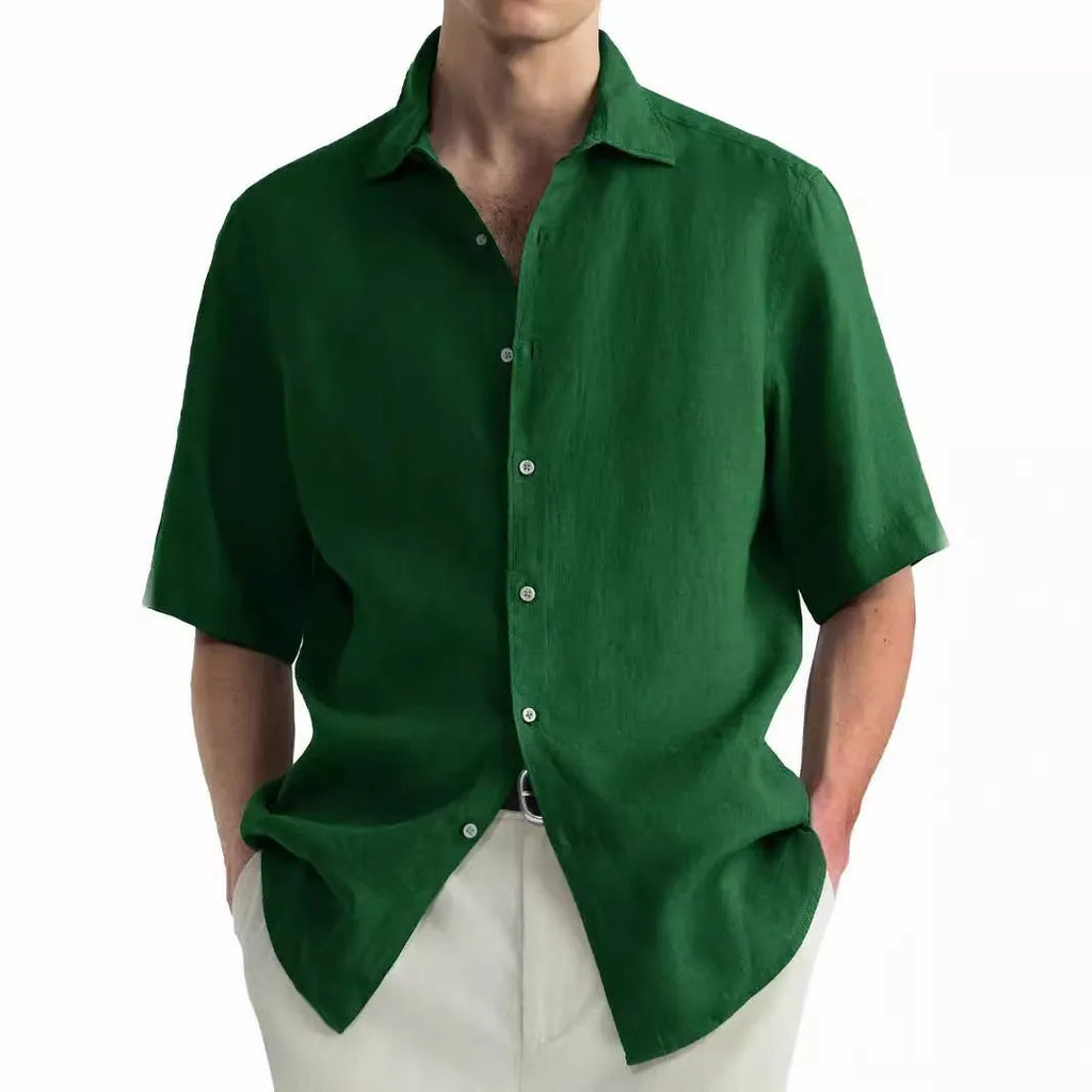 Green washed cotton men's casual shirt with a cardigan style on a hanger.