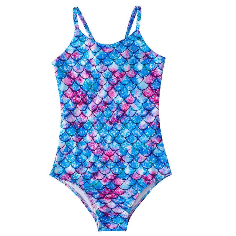Girl's mermaid-style one-piece swimsuit in assorted colours on a white background