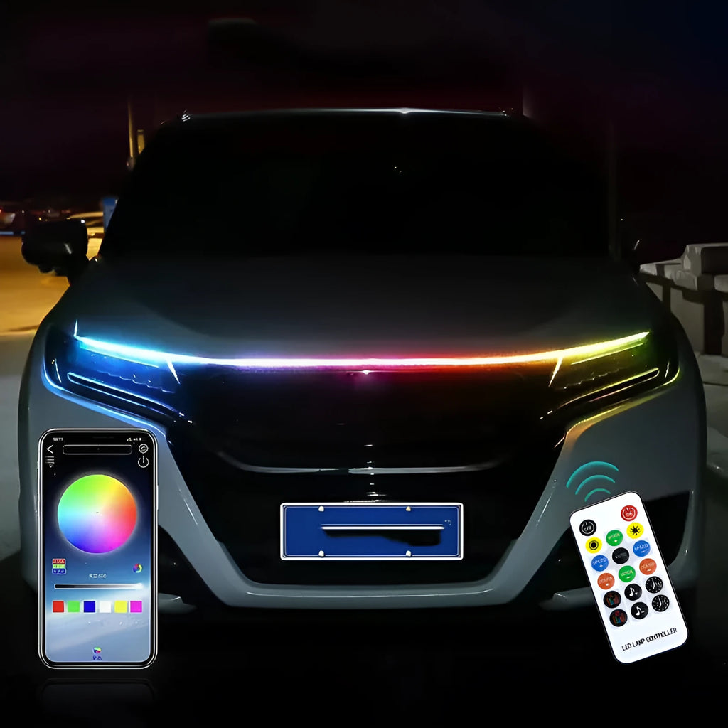 Universal flexible PVC LED light strip for car engine bay illumination in various colours.