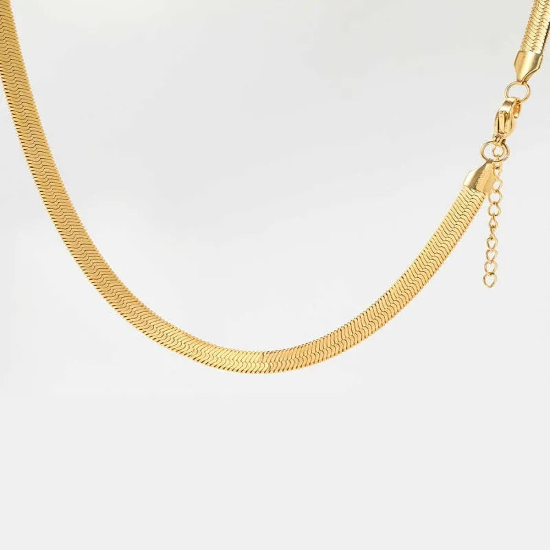 Gold colour flat snake bone necklace for men and women, 50cm chain with 5cm extension, alloy with plated finish