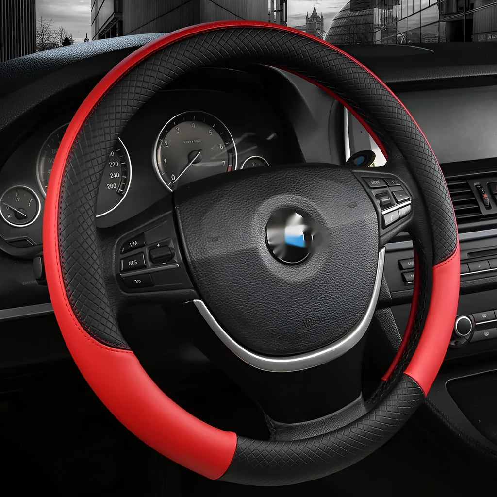 Leather car steering wheel cover with double line stitching, breathable four-season sports style, fits round and D-shaped wheels