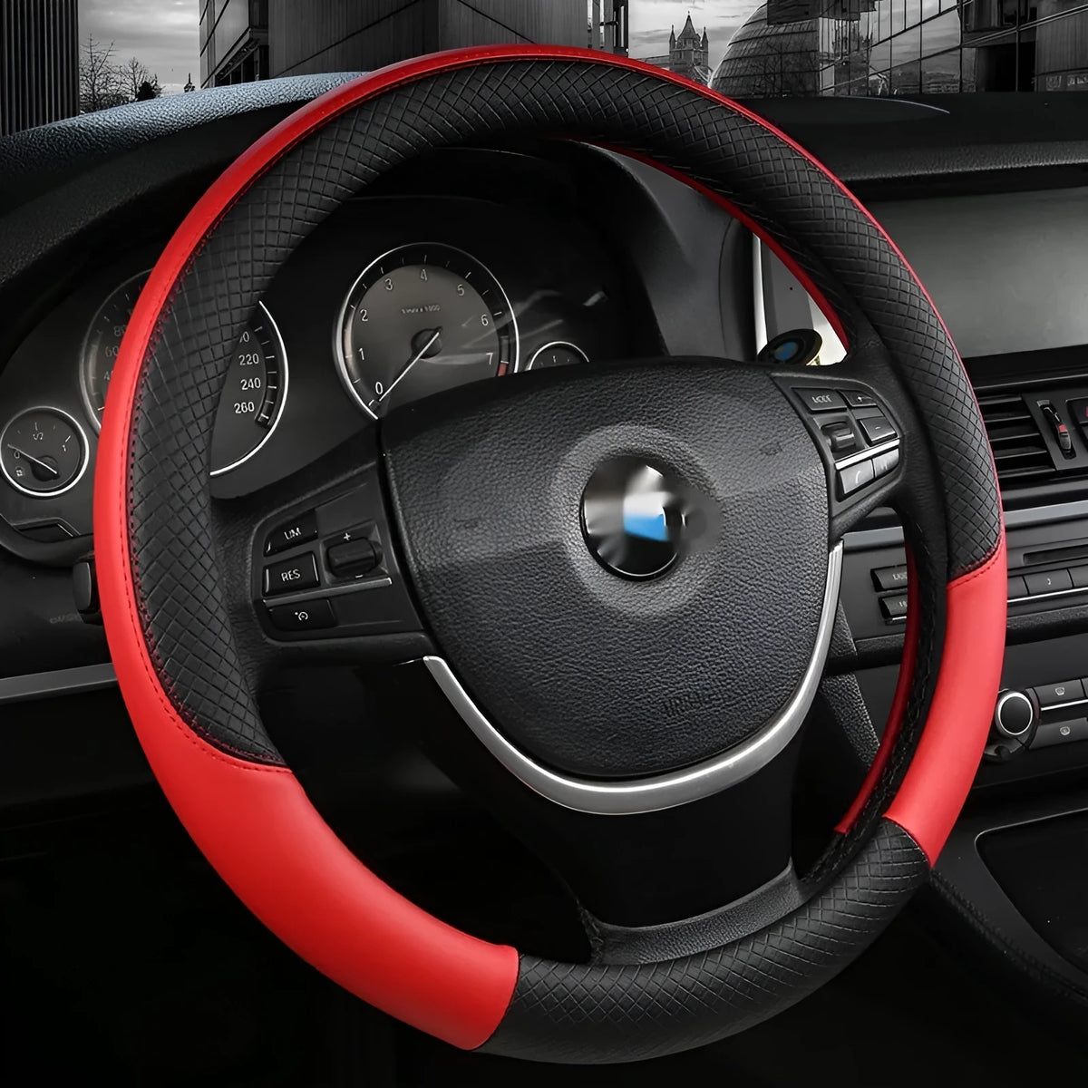 Leather car steering wheel cover with double line stitching, breathable four-season sports style, fits round and D-shaped wheels