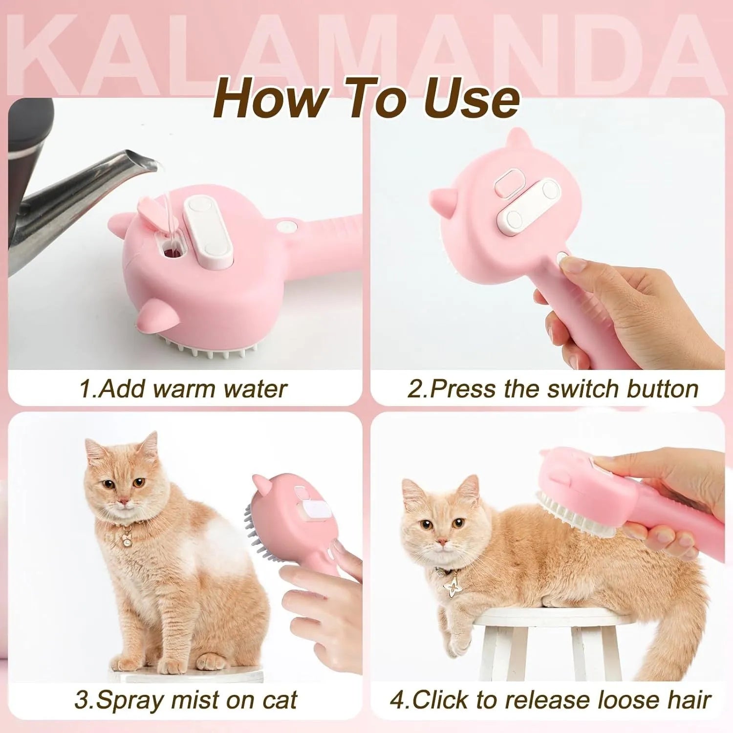 Cat ear-shaped steam grooming brush with ergonomic handle and coloured bristles