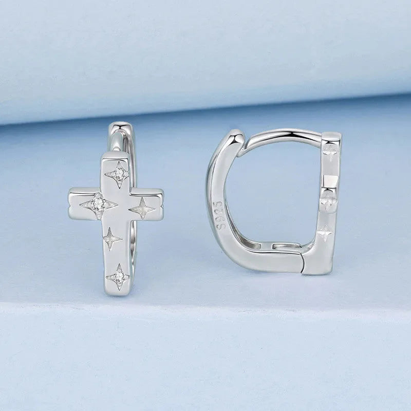 S925 sterling silver star cross ear clip for women, clip-on non-piercing design, European American style